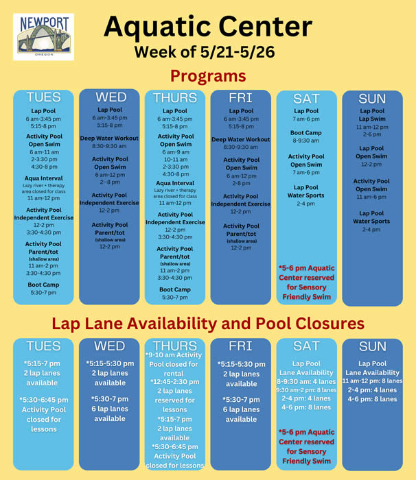 Aquatic Center schedule week of 5-21-24