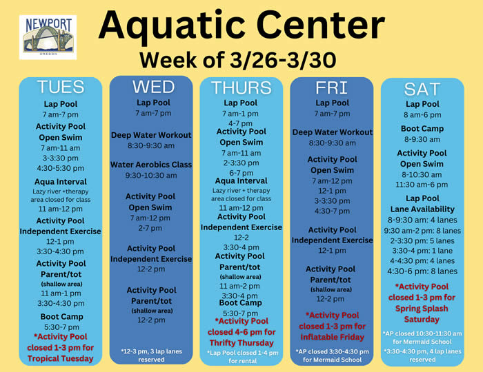 Aquatic Center schedule week of 3-25-24