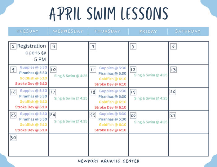 Swim Lesson Calendar - April 2024