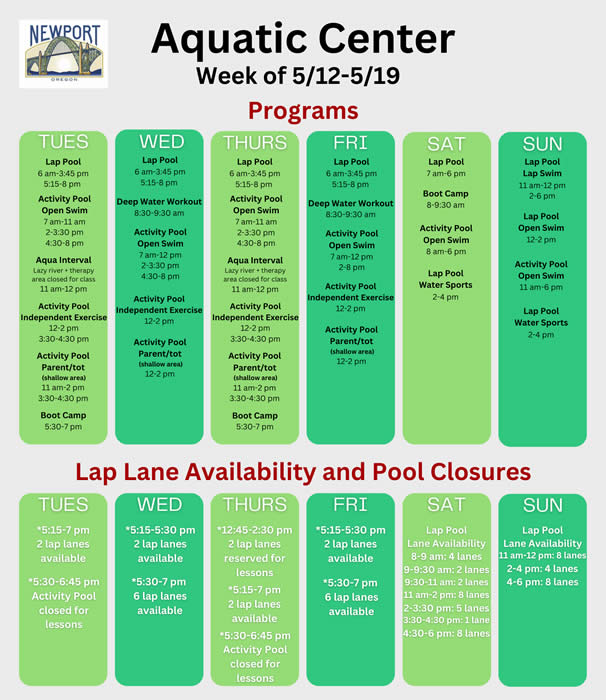 Aquatic Center schedule week of 5-14-24