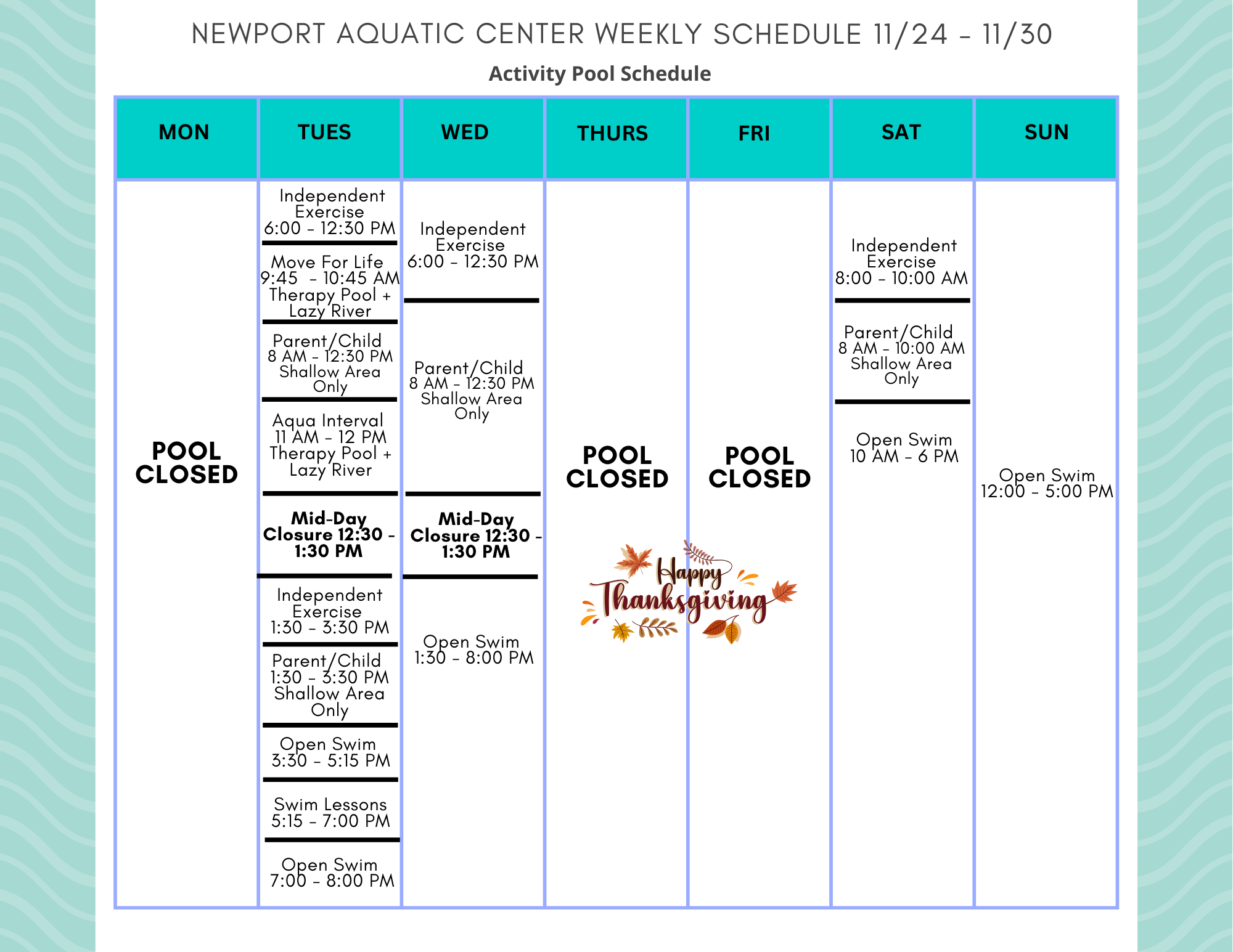 activity pool schedule