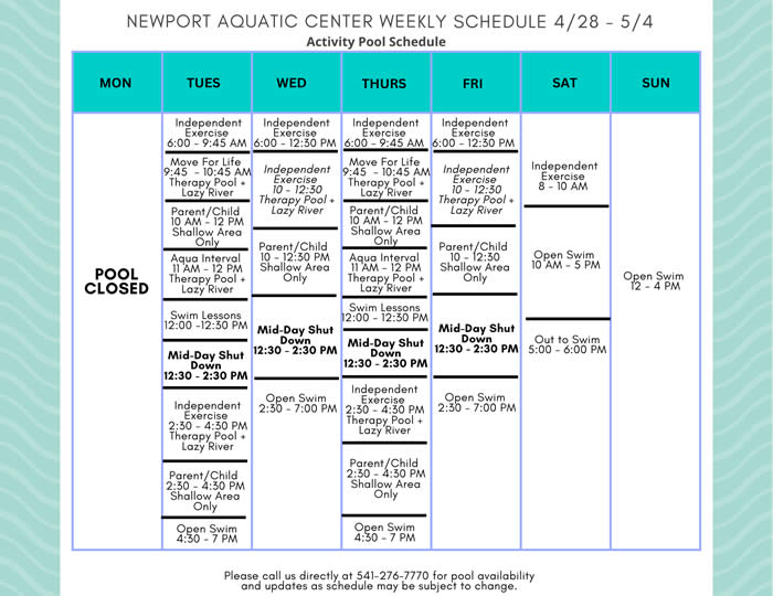 Activity Pool Weekly Schedule 4.28 - 5.4