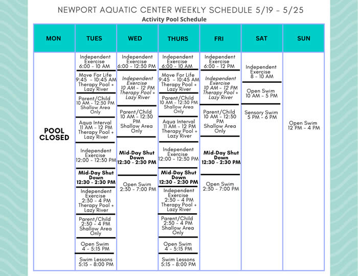 Activity Pool Weekly Schedule 5.19 - 5.25