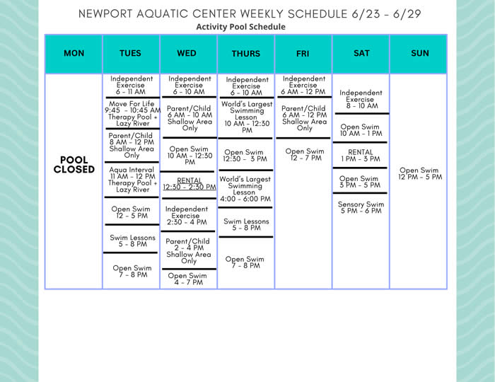 Activity Pool Weekly Schedule 6.23 - 6.29