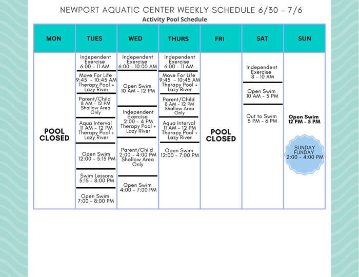 Activity Pool Weekly Schedule 6.30 - 7.6