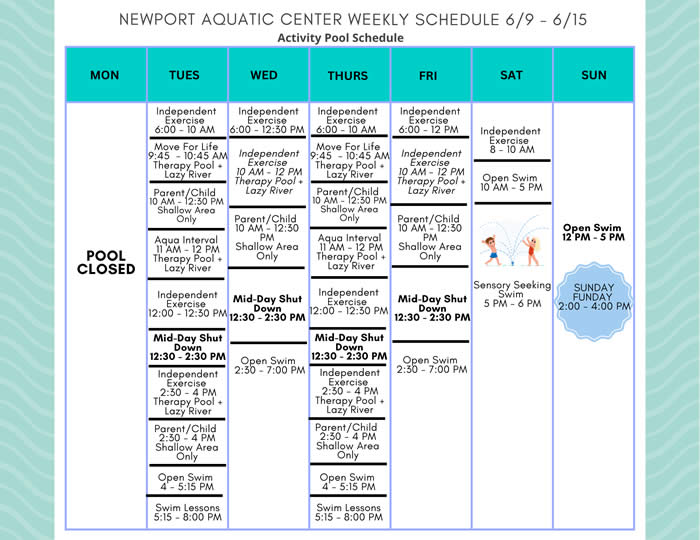 Activity Pool Weekly Schedule 6.9 - 6.15