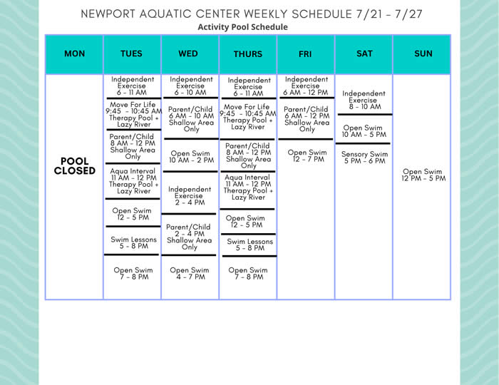 Activity Pool Weekly Schedule 7.21 - 7.27