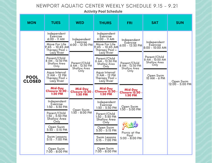 Activity Pool Weekly Schedule 9.15 - 9.21