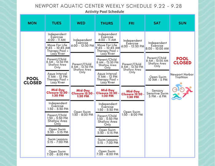 Activity Pool Weekly Schedule 9.22 - 9.28