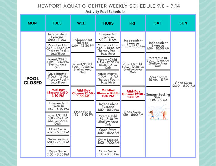Activity Pool Weekly Schedule 9.8 - 9.14