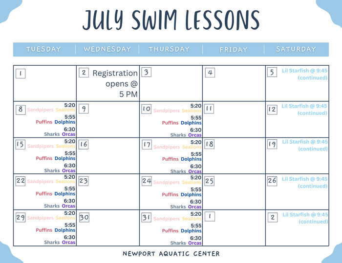 July 2025 Swim Lessons Calendar