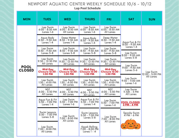Lap Pool Schedule 10.6 - 10.12