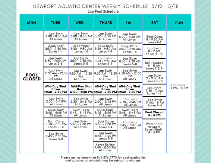 Lap Pool Schedule 5.12 - 5.18