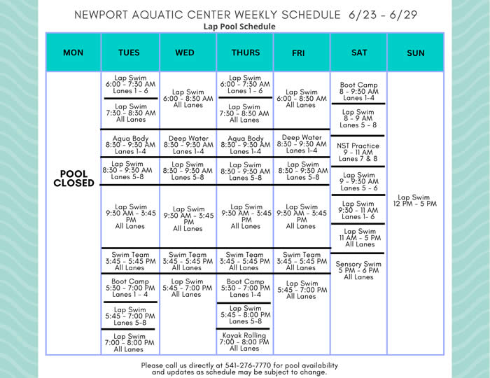 Lap Pool Schedule 6.23 - 6.29