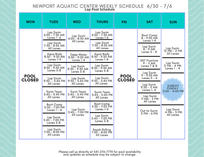 Lap Pool Schedule 6.30 - 7.6