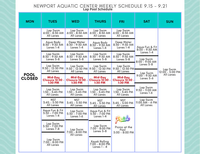 Lap Pool Schedule 9.15 - 9.21