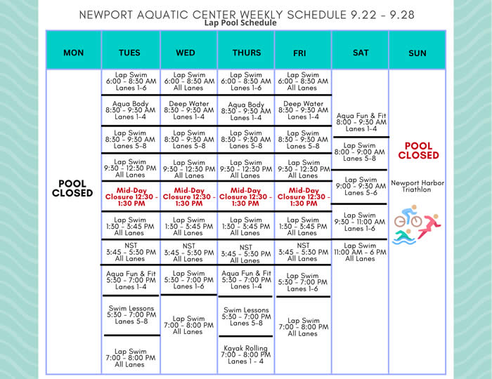 Lap Pool Schedule 9.22 - 9.28