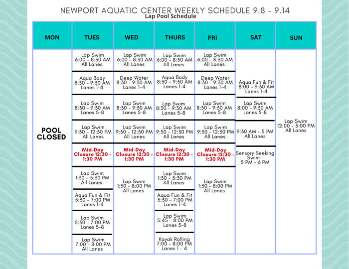 Lap Pool Schedule 9.8 - 9.14