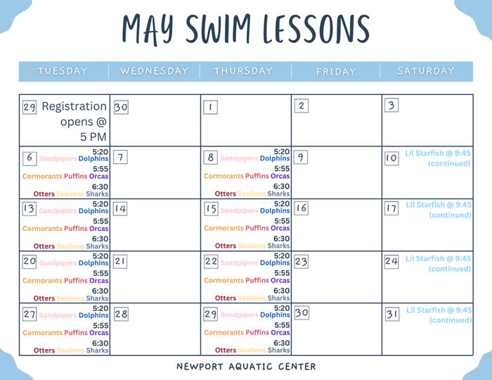 May 2025 Swim Lessons Calendar
