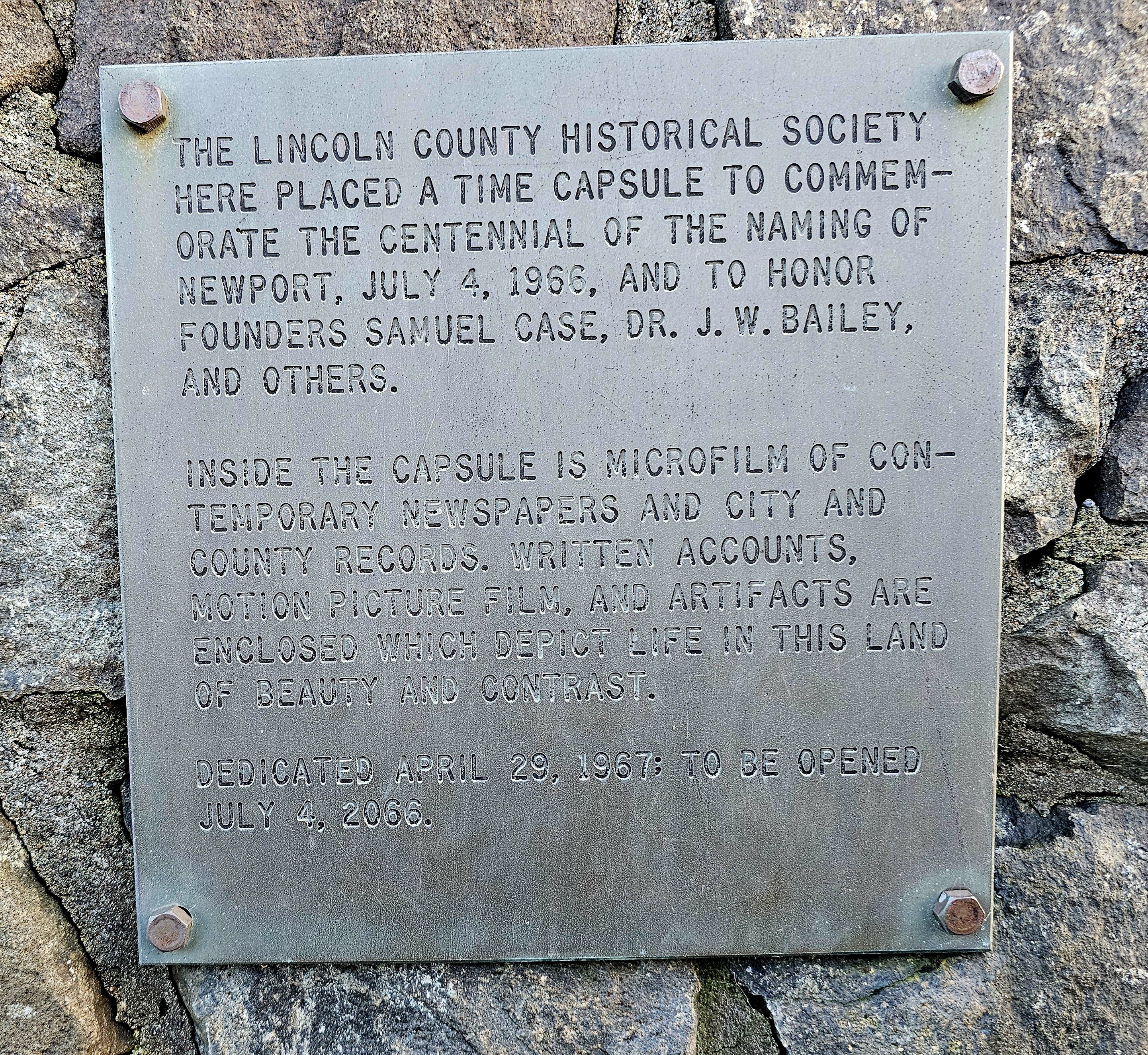 description of time capsule, placed in 1966, to be opened in 2066